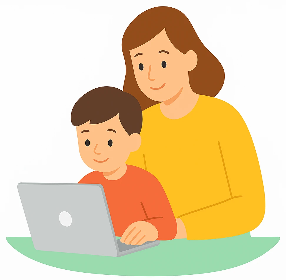 мати з дитиною працюють за компʼютером