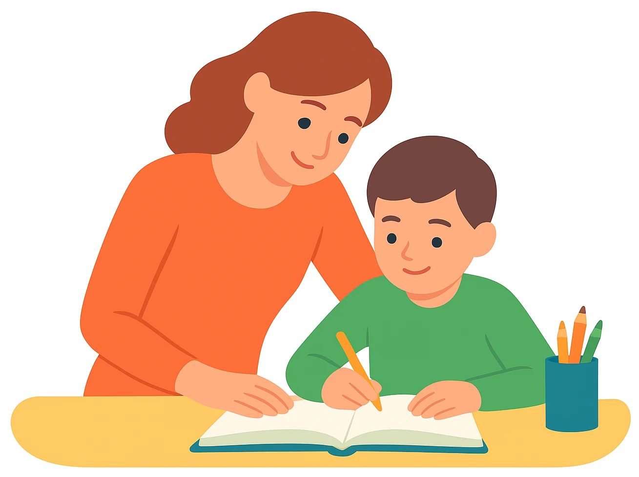 мама з сином разом роблять уроки