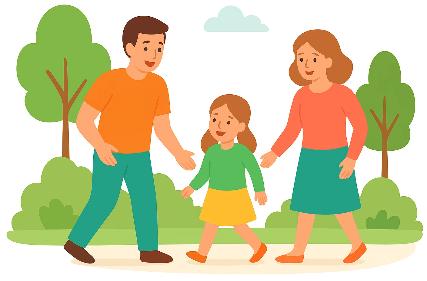донька з батьками гуляє в парку