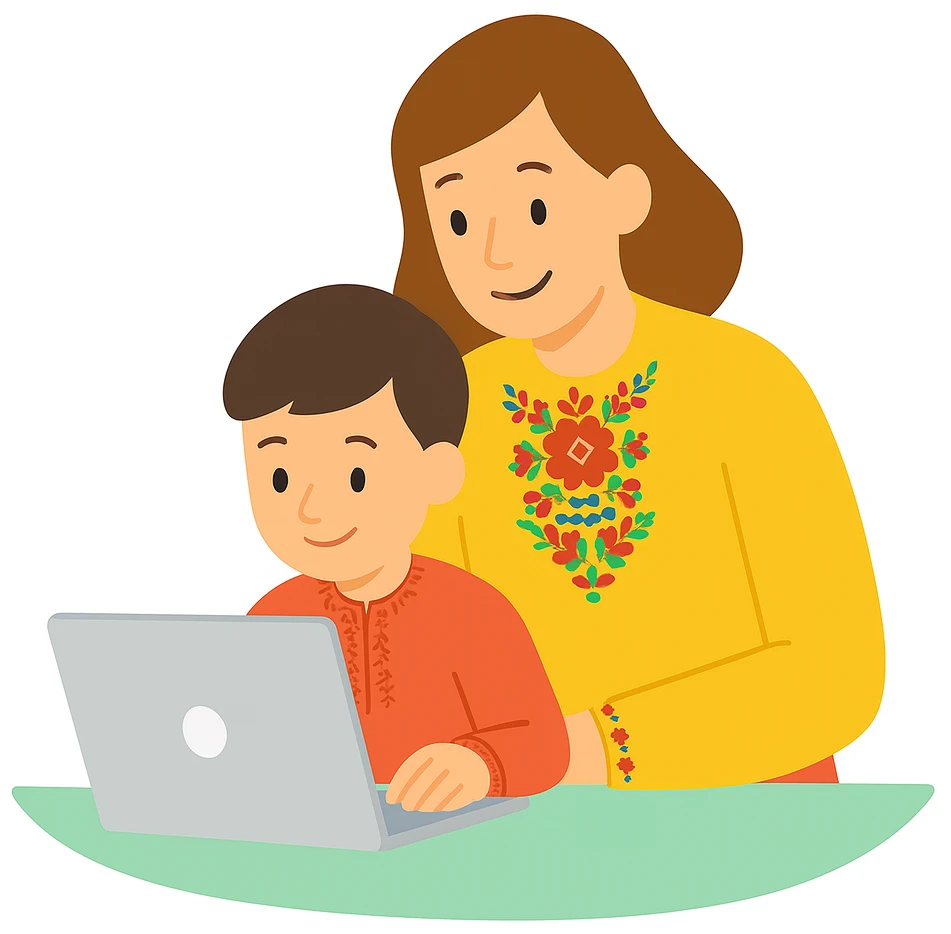 мати з дитиною працюють за компʼютером