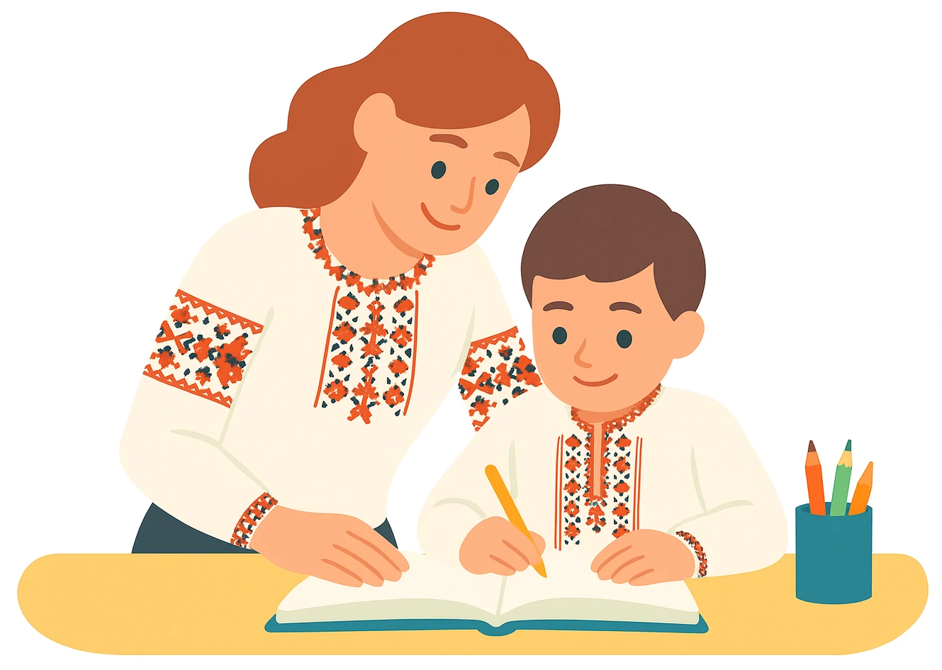 мама з сином разом роблять уроки