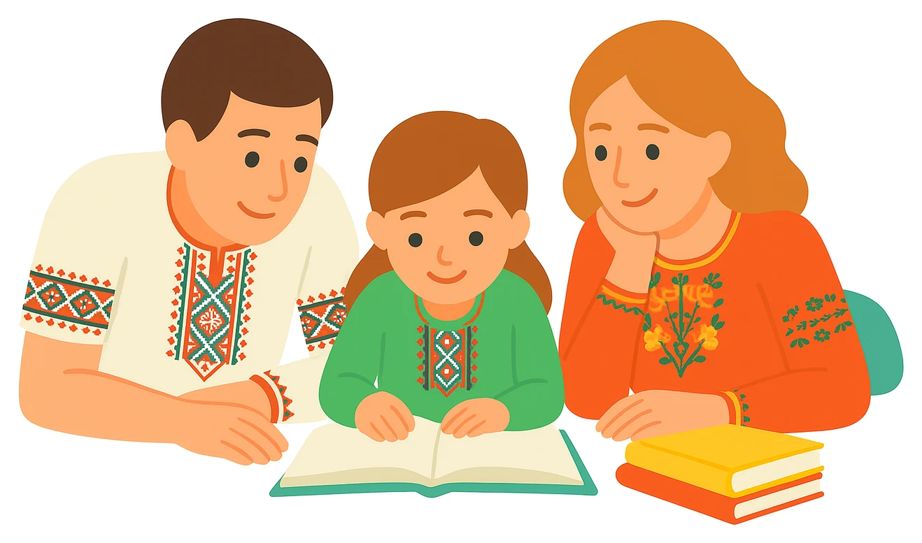 донька разом з батьками робить уроки