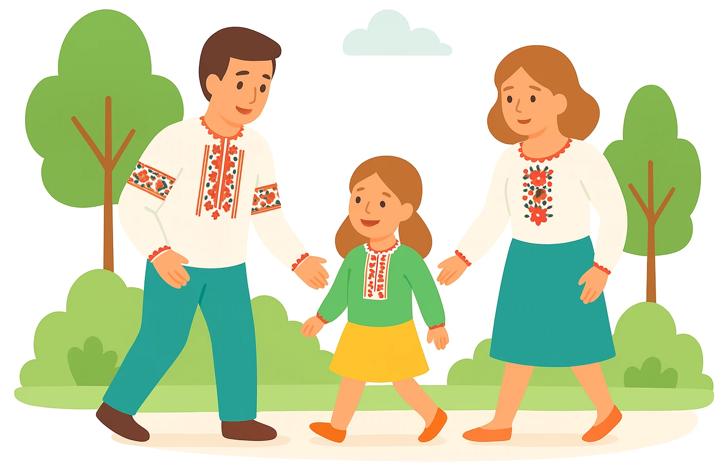 донька з батьками гуляє в парку